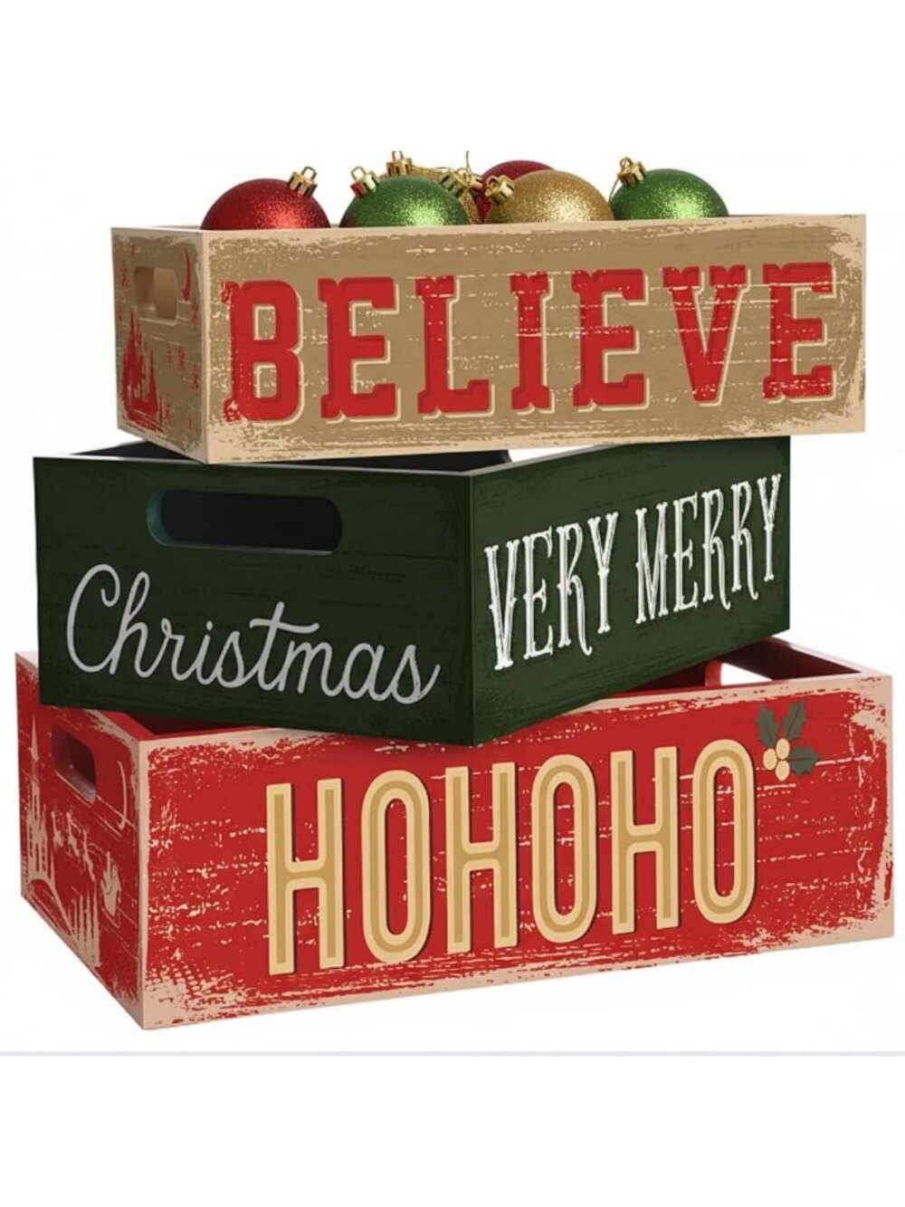 Set of 3 Rustic Christmas Wood Crates - Merry Christmas & Believe Decor